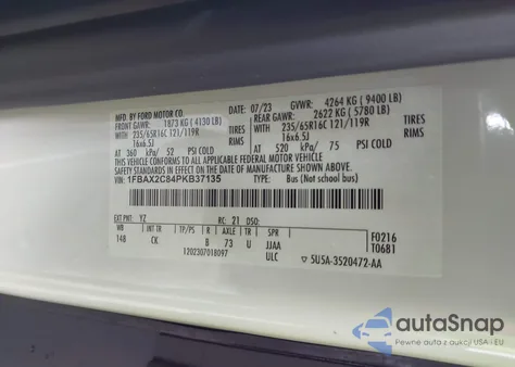 2023 Ford Transit-350 Passenger Van Xlt z USA, uszkodzony, nr VIN 1FBAX2C84PKB37135